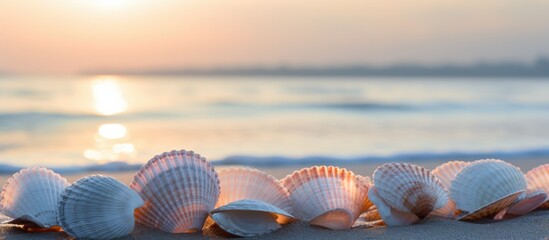 Marine shells with a tough gray nacreous surface set against an open ocean background with a...