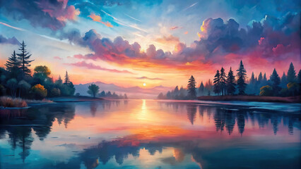 A serene sunset over a tranquil lake, with colorful reflections dancing on the water's surface amidst a backdrop of silhouetted trees 