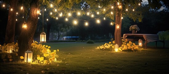 Night illumination in garden with decorative outdoor lights creating a cozy ambiance scene ideal for copy space image