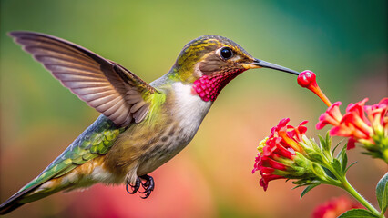 Detailed image of a hummingbird sipping nectar from a flower, clear background