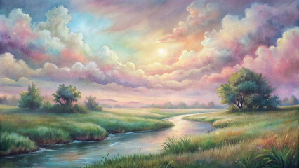 A serene meadow stretches out under a pastel sky, dotted with fluffy clouds, while a gentle stream meanders through the lush grass.