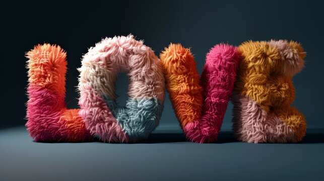Colorful fuzzy 'LOVE' letters on a dark background, creating a warm and cozy atmosphere perfect for expressing affection and emotion.