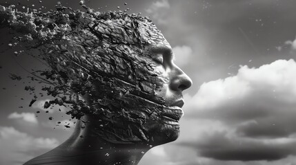 Surreal digital art of a human face disintegrating into fragments in a dramatic sky background, symbolizing chaos and transformation.