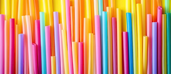 Colorful plastic straws for juice arranged abstractly with a vibrant mix of yellow green and pink creating an interesting copy space image