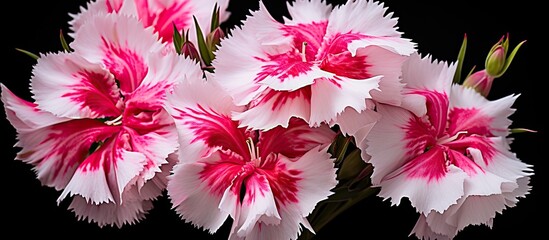Dianthus is a vibrant flowering plant displaying double or single layer petals resembling jagged sawteeth in colors like pink white red purple or dual tones per flower ideal for a copy space image