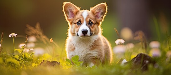 Charming outdoor portrait of a cute Welsh Corgi Pembroke puppy with copy space image