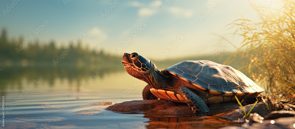 Wall mural a water turtle basking in the sun with a copy space image