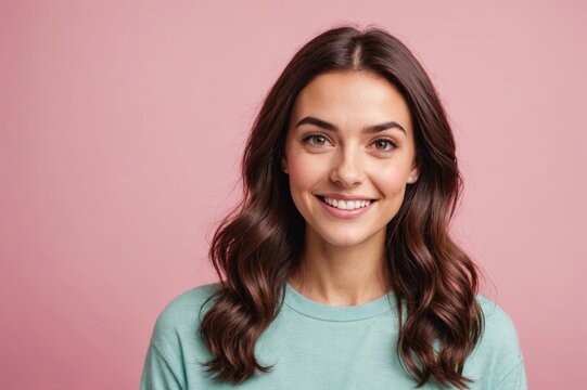 Close-up portrait of her she nice-looking attractive lovely sweet curious cheerful cheery smart clever girl creating new idea solution fantasize copy space isolated pink pastel color background