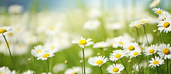 Early summer shot of a field filled with wild chamomile flowers with plenty of copy space for an image