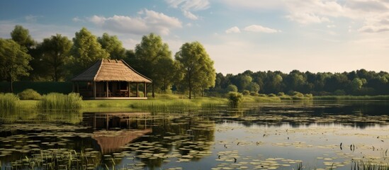 Obraz premium A cozy little wooden hut with a sloped roof surrounded by a serene pond ideal for accommodating and attracting wild ducks with a tranquil scenery perfect for a copy space image