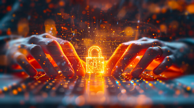 Hands typing on a laptop keyboard with a digital lock hologram, concept of cybersecurity on a bokeh lights background. Generative AI