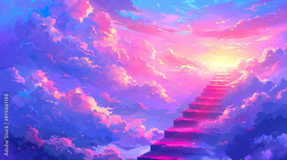 Poster a vibrant digital artwork showing a staircase ascending through colorful clouds towards a bright lig