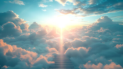 A serene image of a stairway to heaven among fluffy clouds with a captivating sunset in the background, evoking a concept of ascent or transcendence. Generative AI