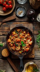 Hearty Stew in Cast Iron Skillet - Delicious hearty stew with vegetables and meat in a cast iron skillet, garnished with fresh herbs. Perfect for culinary enthusiasts and food photography.