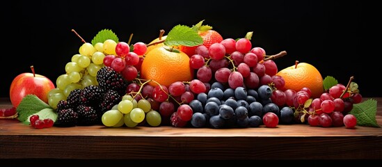 Table displaying a variety of fresh fruits like raspberries apricots and grapes with copy space image