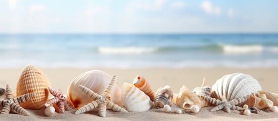 Background with a collection of shells on the beach providing a serene setting with copy space image included