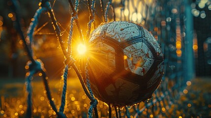 A close-up of a soccer ball nestled in a goal net at sunset, dramatic lighting - Powered by Adobe