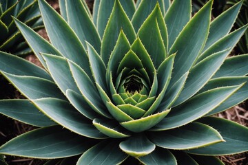 Fototapeta premium Cactus plant Agave attenuata soft details texture. Natural abstract, delicate and fluid shapes lines. Highlight focused leaf edges and blurred background. Colored bold green. Dark moody feel.