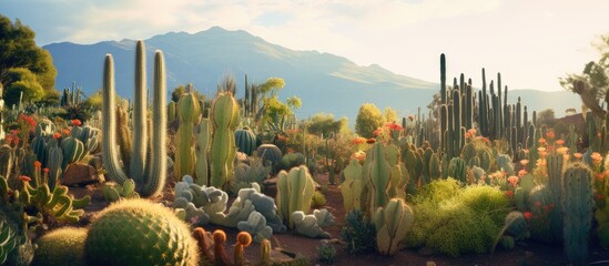 The garden is filled with numerous stunning cacti creating a picturesque scene with a copy space image