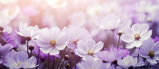 Gorgeous white and purple flowers in full bloom on display with copy space image available