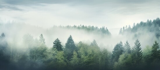 Fototapeta premium Misty forest scenery with fog among trees revealing the sky with copy space image