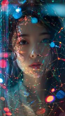 Asian Woman Surrounded by Vibrant Shattered Glass Data Visualization