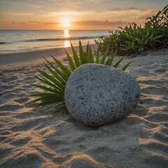 "A single round gray stone with tropical leaves, against a sunset beach background."