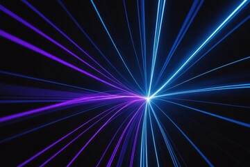 Blue and violet beams of bright laser light shining on black background