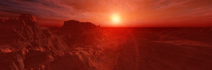 Martian landscape. Panorama of Mars. Alien landscape.
3d rendering