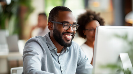 Smiling man with glasses using a computer, woman behind, blurred cafe background, concept of work satisfaction. Generative AI