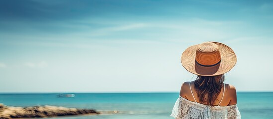 Woman wearing a sun hat at the beach enjoying her vacation with a background of a beautiful seascape copy space image available - Powered by Adobe