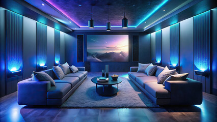 Sleek and modern home theater with comfortable seating, state-of-the-art sound system, and ambient lighting