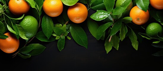An overhead shot showcasing vibrant tangerines with green leaves surrounded by fresh tangerine juice in harsh lighting with copy space image