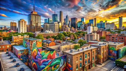 A panoramic shot of a city skyline featuring colorful graffiti murals on the walls of buildings, adding a unique artistic flair to the urban landscape