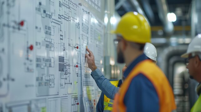 Close-up of a whiteboard filled with diagrams illustrating safety procedures, as engineer team members engage in a discussion with plant staff workers.