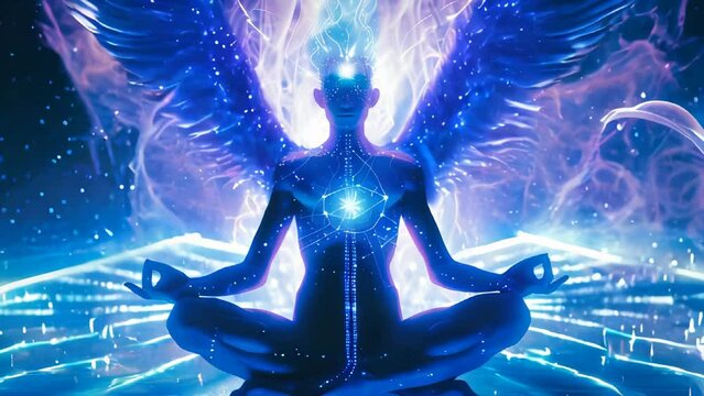 A meditating being with wings and a chakra system glowing