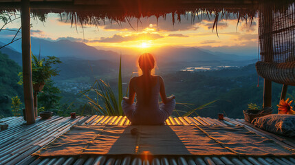 Person in a meditative pose at sunset with a scenic view, on a bamboo background, embodying tranquility. Generative AI
