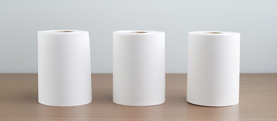 Three toilet paper rolls on the white table. Copy space image. Place for adding text and design