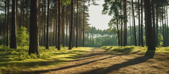 Sunny day in a pine forest with beautiful pine tree scenery and a wide copy space image