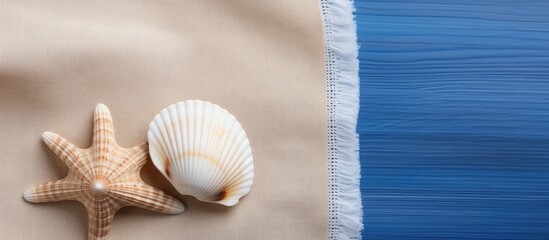 A seashell on a brown and white napkin background symbolizing a simple summer theme with space for text and celebrating World Ocean Day in a flat lay image. Copy space image