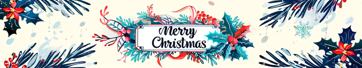 Obraz premium Watercolor web banner in retro style, decorated with holly, poinsettia flower, Christmas wreath branches woven around the card, the inscription 
