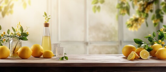 Wooden table decorated with yellow lemons ideal for placing your bottle or glass with a summer themed window background and copy space image