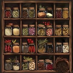 Scene A pantry with shelves stocked with healthy grains, beans, and canned goods. Medium Still image.