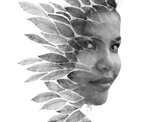 A woman's half profile disappearing into a graphical pattern in paintography