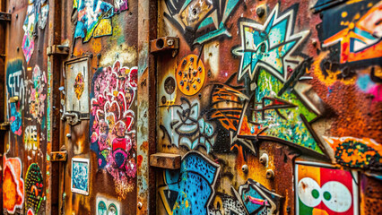 Detailed close-up of graffiti tags and street art stickers on a rusty metal surface, illustrating urban decay