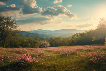 landscape of austria, beautiful spring with blooming meadow and mountains in the background, pink flowers and green trees, golden hour, blue sky with clouds, photorealistic // ai-generated 