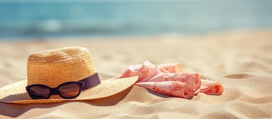Summer beach essentials including a straw hat towel sunglasses and flip flops laid out on the sandy shore with copy space image