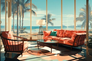 Sunroom background flat design side view luxurious panoramic view lounge theme animation Tetradic color scheme