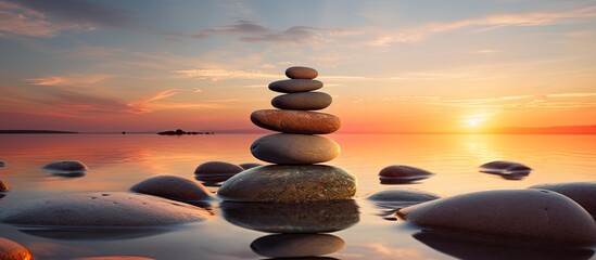Achieve Zen and peace by balancing a stone on a stack of rocks against a sunset background in the evening creating a calming atmosphere with copy space image