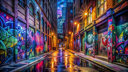 Panoramic shot of a graffiti-covered alley at night, illuminated by neon lights, creating an urban nightlife atmosphere
